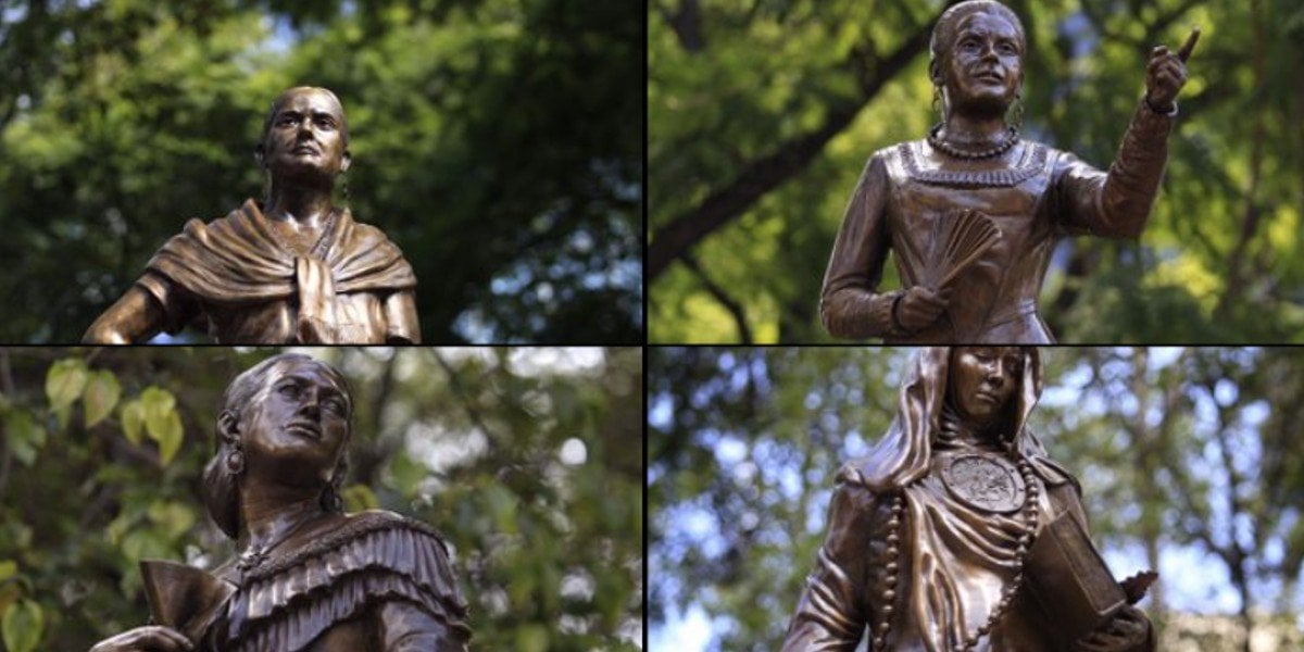 Sheinbaum devela esculturas de Josefa Ortiz, Sor Juana y otras heroínas en Reforma