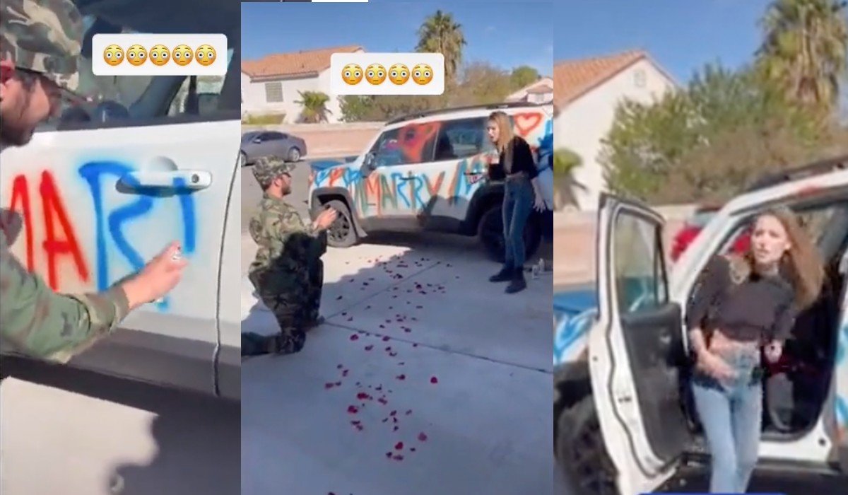 Soldado raya el coche de su novia para pedirle matrimonio; ella enfurece y lo rechaza