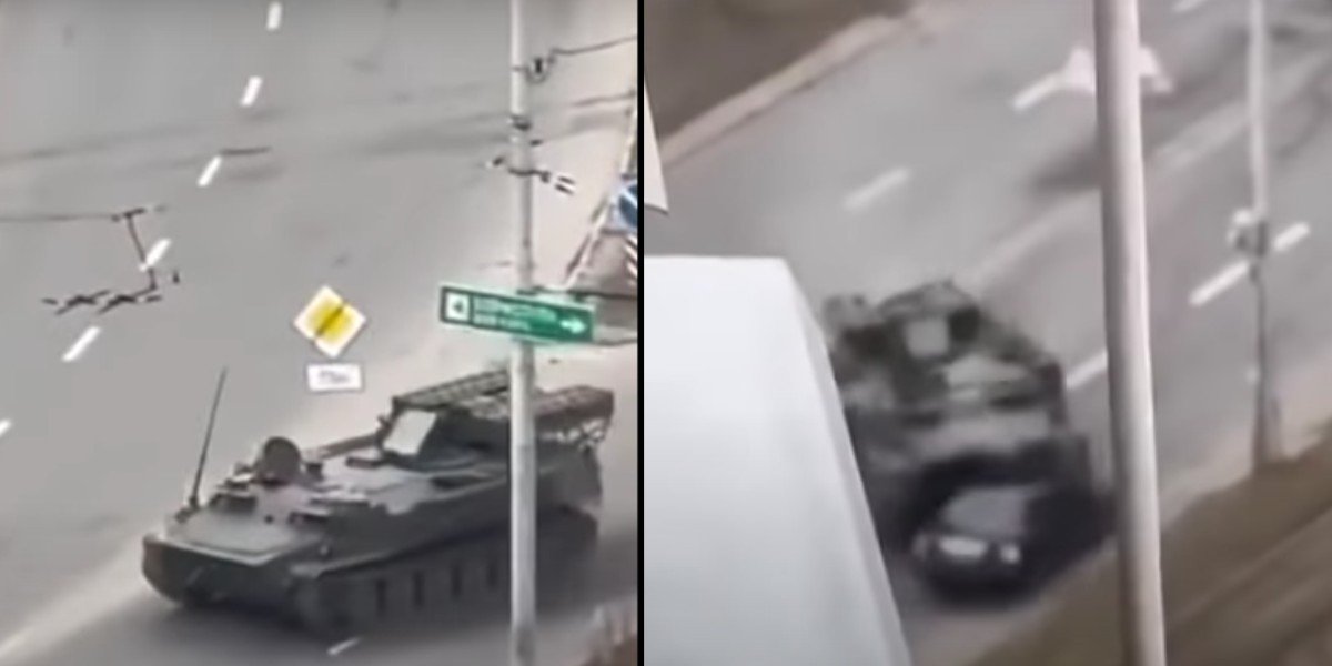 Revelan momento en que un tanque ruso aplastó un automóvil en Kiev; conductor sobrevivió