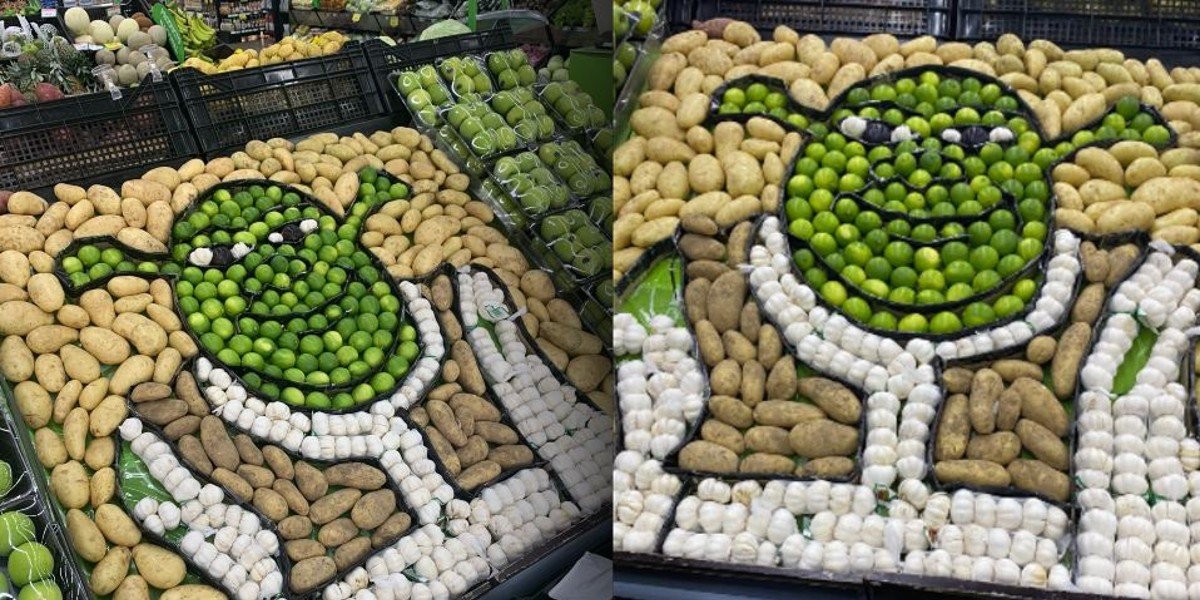 Recrean en supermercado la figura de Sherk con limones y papas